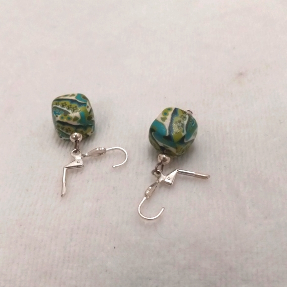 Dangles W/ Hearts & Flowers, Green, Blue, White Squares with Lobster Clasp - Picture 2 of 5